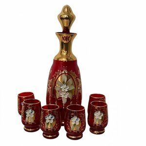 Vintage Venetian Glass Decanter 6 Glasses Set Red Gold